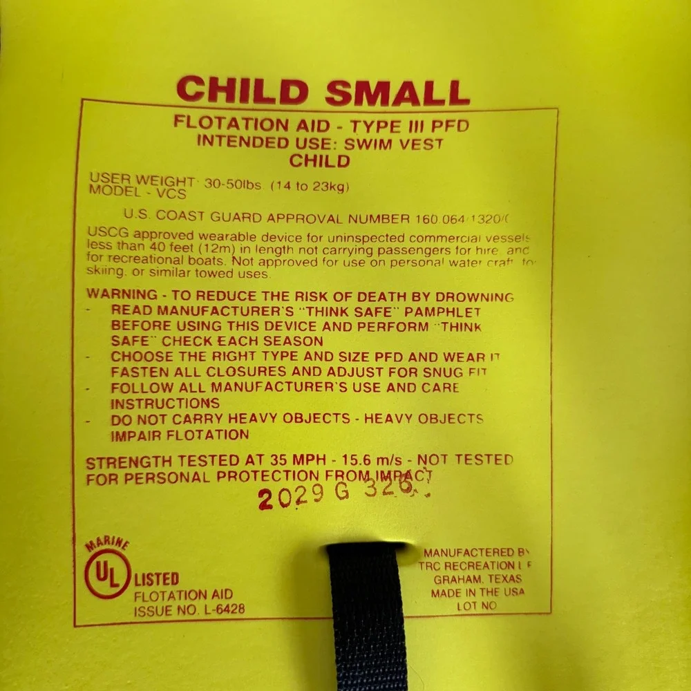TRC Recreation Super Soft Kids Life Vest Yellow Type III PFD Child Small 1021012
